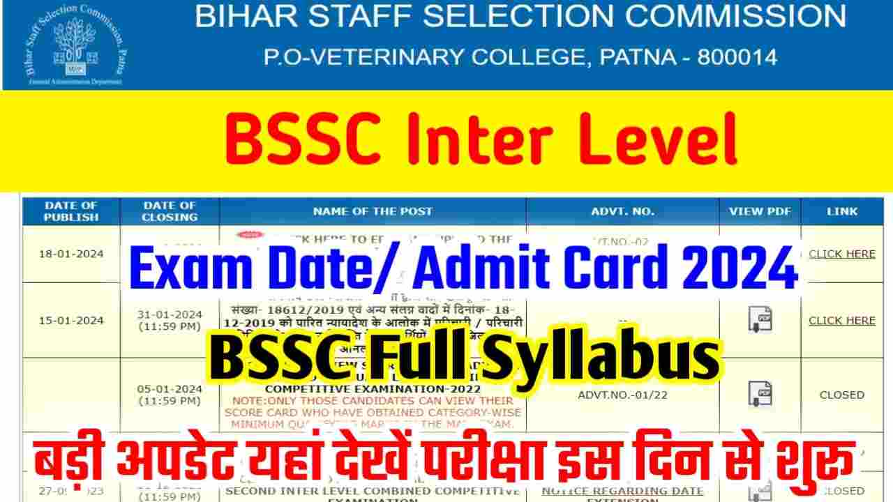 BSSC Inter Level Exam Date 2024 Admit Card Update A1 SK
